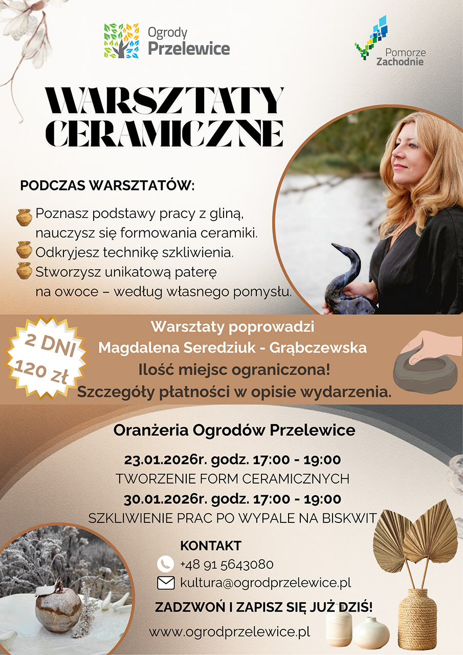 Zapraszamy na kameralne, artystyczne spotkania z ceramiką w klimatycznej pracowni ceramicznej Ogrodów Przelewice. To przestrzeń, w której czas płynie wolniej, a praca z gliną staje się formą relaksu i uważności. Warsztaty poprowadzi Magdalena Seredziuk – Grąbczewska